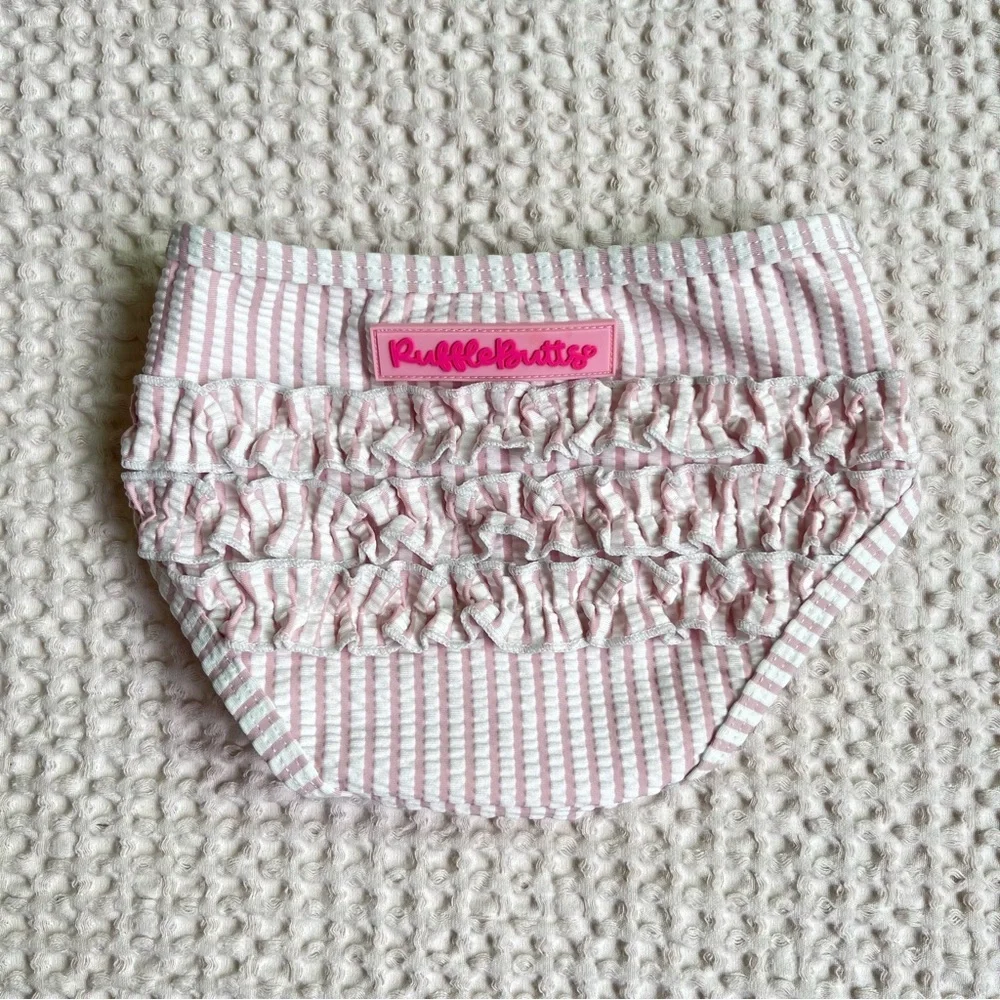 Ruffle Butts Pink & White Seersucker Swim Bottoms